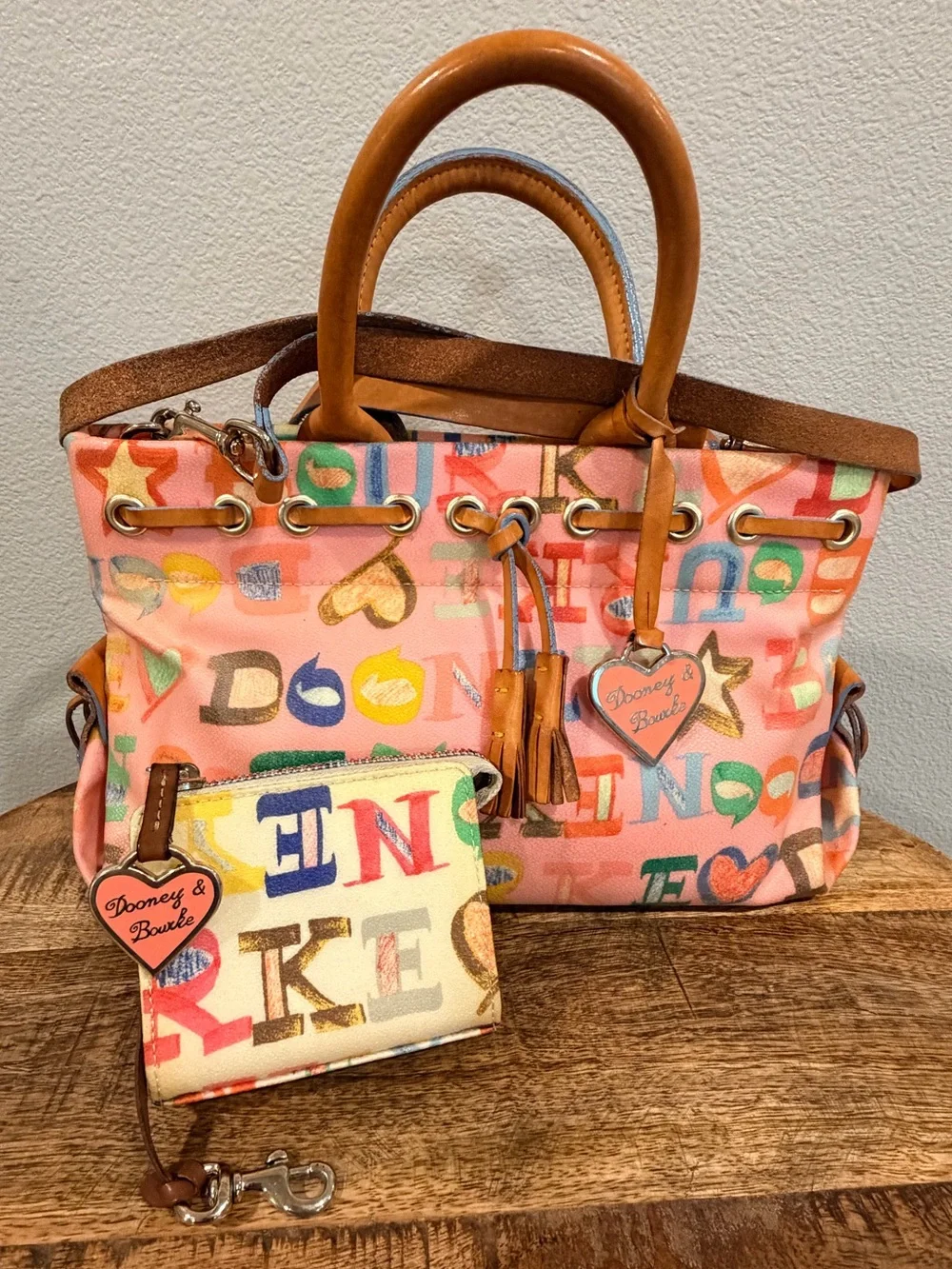 Vintage Y2K Dooney & Bourke Pink Alphabet Doodle Drawstring Satchel Set